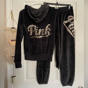 Victoria's Secret PINK Black Velvet Matching Set Hoodie & Sweatpants Size Small